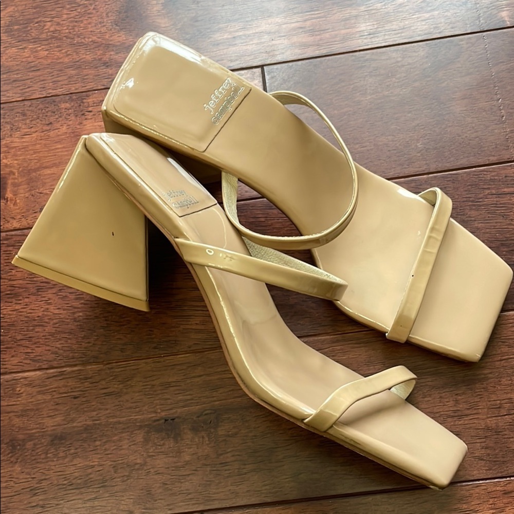 Jeffrey Campbell Beige Patent Square-Toe Block Heel Sandals